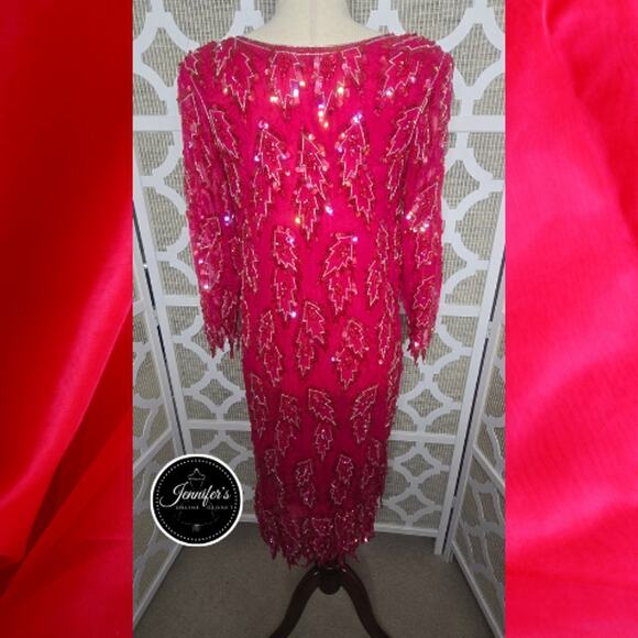 Scala Vintage 80's Red 100% Silk Sequin and Beaded Leaf Handkerchief Hem Dress - Picture 11 of 16